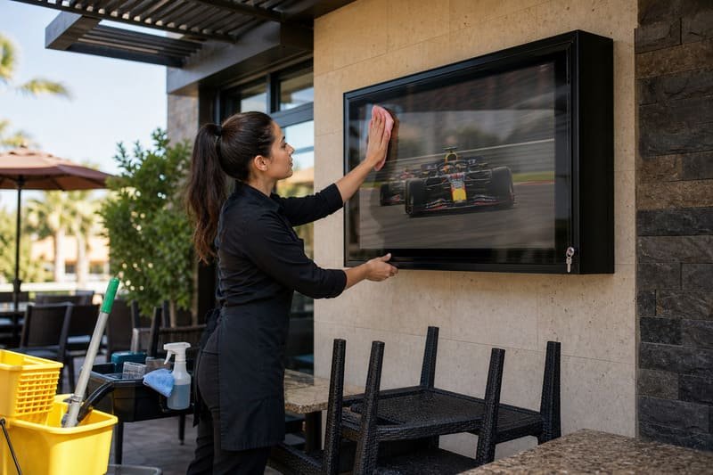 Curatenie TV in aer liber restaurant