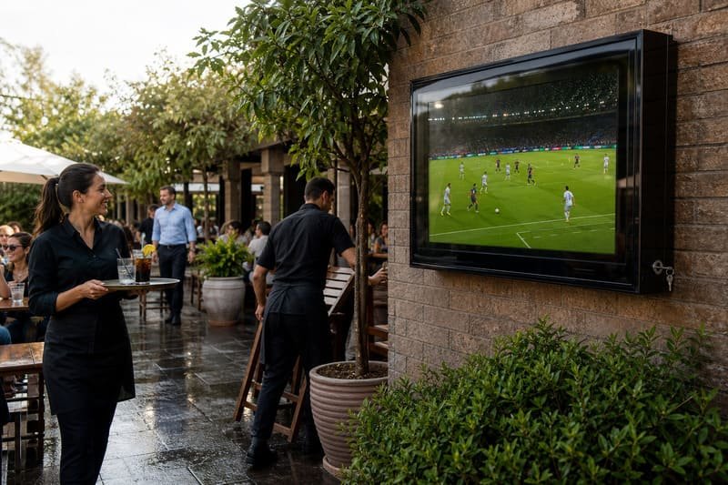 Protecția televizorului în aer liber al restaurantului de ploaie, stropi de băutură, mișcarea personalului, contactul cu oaspeții și impactul accidental pe o terasă aglomerată