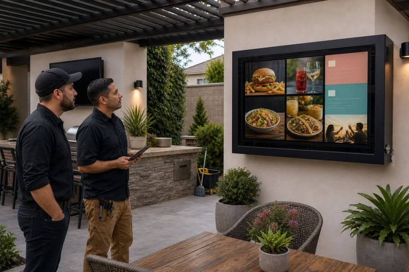 Restaurant owner and installer checking outdoor TV enclosure roof coverage cable exits fan clearance and service access