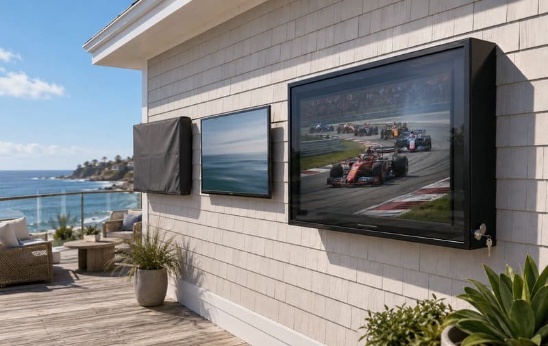 Soft cover, hard enclosure, and outdoor TV comparison on a coastal home deck with salt air exposure