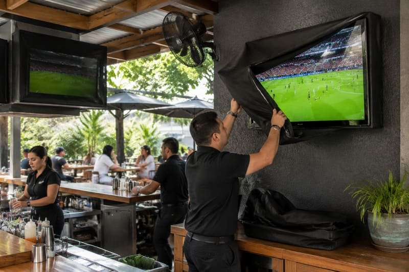 equipe removendo a tampa da TV externa antes do serviço no pátio do restaurante