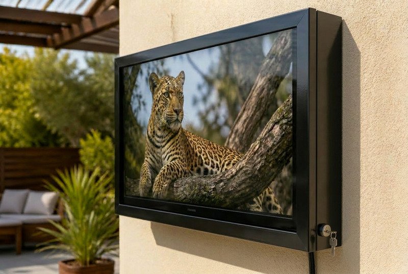 Transparent front outdoor TV enclosure allowing TV viewing while the screen stays protected