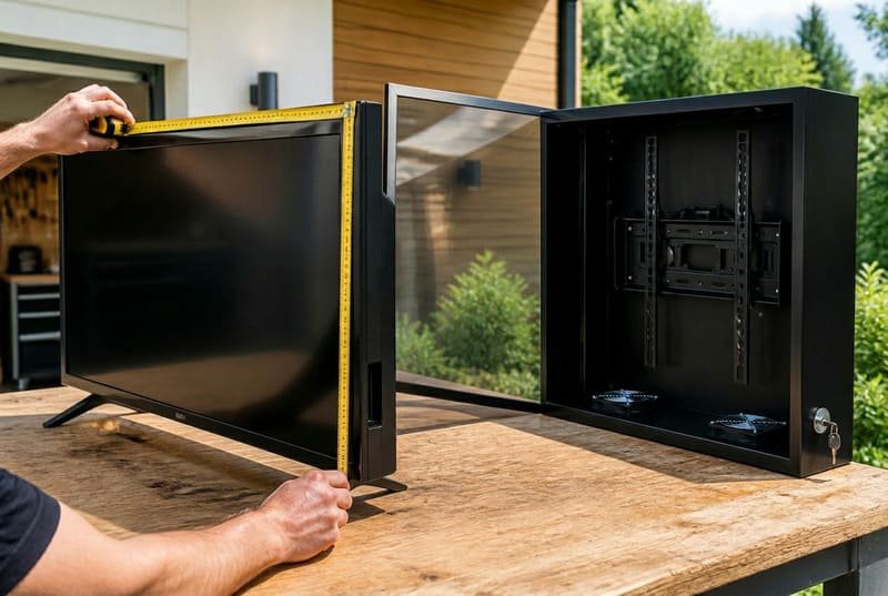 TV screen size compared with full width height and depth before selecting an outdoor TV enclosure