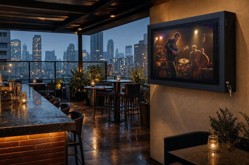 TV under restaurant patio awning showing humid air and moisture risk around a covered outdoor screen