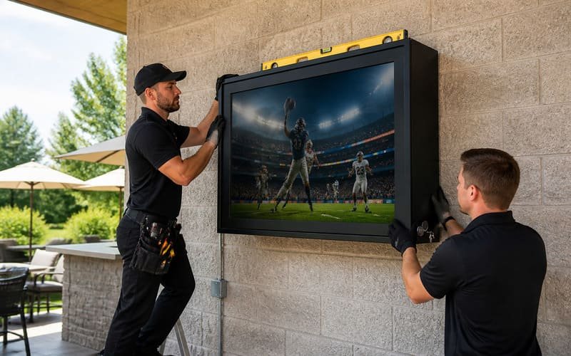 Two installers mounting a large black polycarbonate outdoor TV enclosure on a brick wall