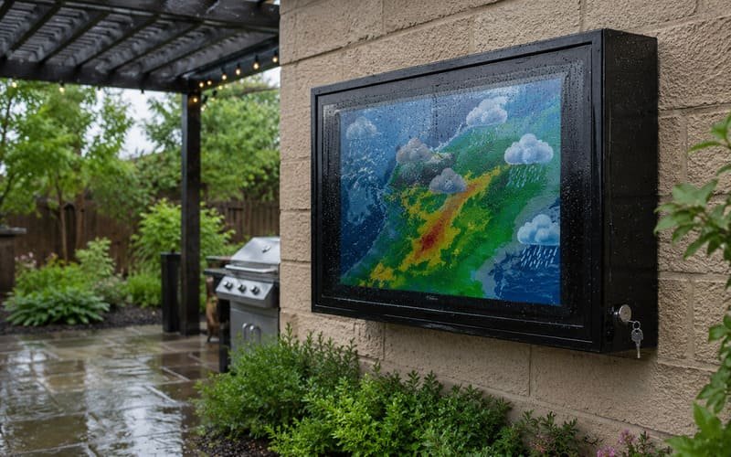 Waterproof outdoor TV enclosure factors showing rain protection