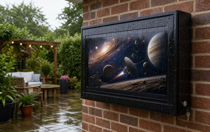 Weatherproof black outdoor TV enclosure mounted on a backyard brick wall during light rain