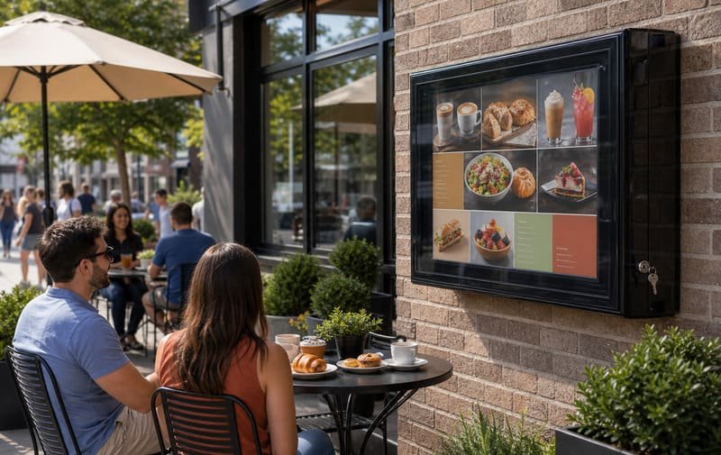 Weatherproof black polycarbonate TV enclosure protecting a digital menu board at an outdoor cafe patio