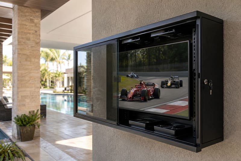 Weatherproof outdoor TV enclosure installation near a hotel pool with fan cooling cable route and service access