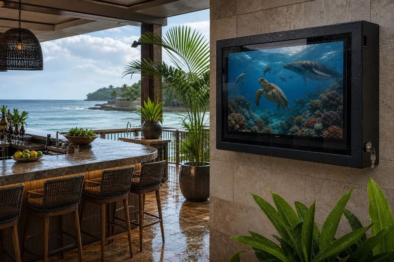 Weatherproof outdoor TV enclosure protecting a screen from rain dust insects heat and public contact