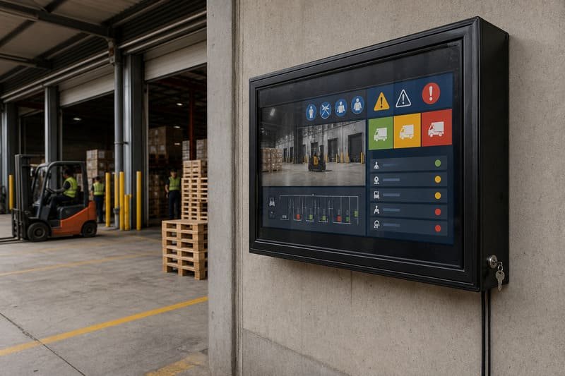 Weatherproof TV enclosure used for warehouse safety and loading information signage
