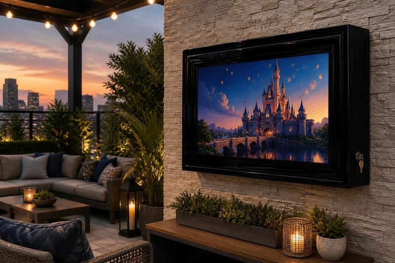 Well placed outdoor TV enclosure under a pergola for shade airflow and reduced sun exposure