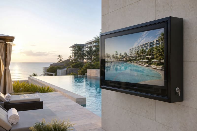 65-inch black polycarbonate outdoor TV enclosure beside a luxury hotel infinity pool with humidity