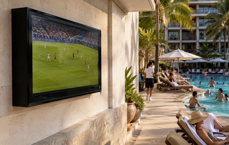 65-inch poolside outdoor TV enclosure protecting a resort screen from humidity, splash exposure, sunlight, guest activity, and daily poolside use