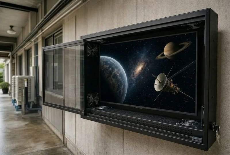 Sistema di ventole di raffreddamento attivo nell'armadio TV esterno che mostra le ventole inferiori, la distanza del flusso d'aria, lo spazio interno della TV e l'accesso per la manutenzione