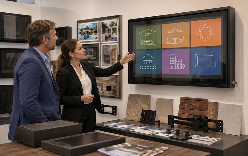Scelta della giusta configurazione di custodie per TV da esterno per ambienti residenziali, commerciali, termici, costieri, pubblici e con schermi di grandi dimensioni