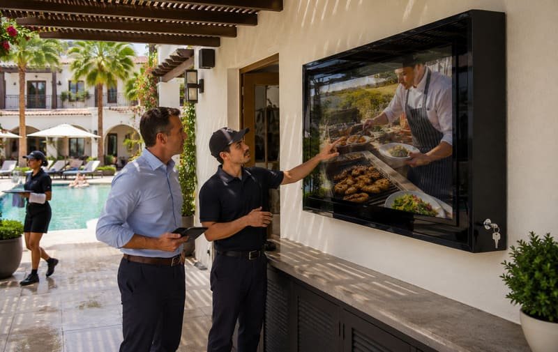 clear airflow, protected cable routing, guest circulation space, and staff service access