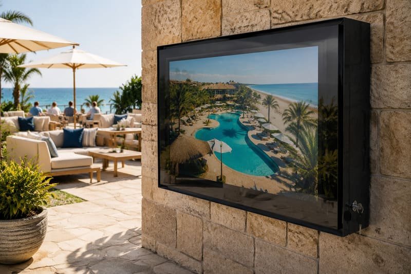 Schermo per segnaletica digitale commerciale protetto all'interno di una custodia TV esterna in policarbonato nero sulla terrazza di un resort