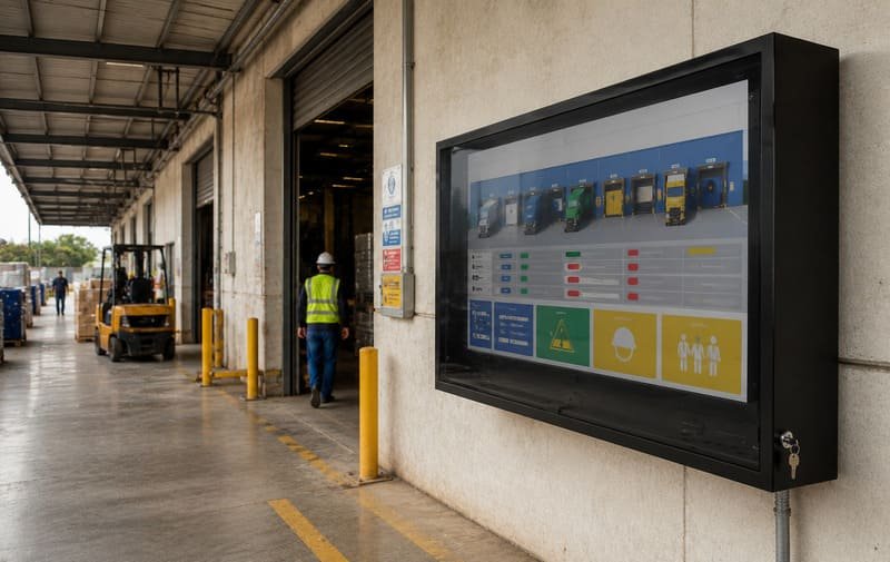 Custodia per TV commerciale per la protezione di display pubblici esterni con protezione dagli agenti atmosferici, accesso bloccabile, protezione antiurto e design funzionale