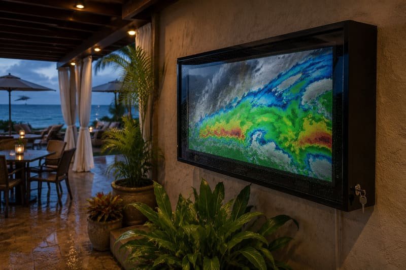 Rischio meteorologico della TV esterna nel patio coperto del resort con pioggia spinta dal vento, aria notturna umida, insetti e protezione della recinzione