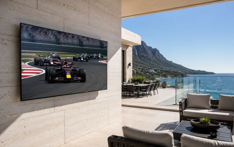 TV dedicata per esterni alla luce diretta del sole sulla terrazza di una villa di lusso, dove la luminosità e le prestazioni antiriflesso contano di più