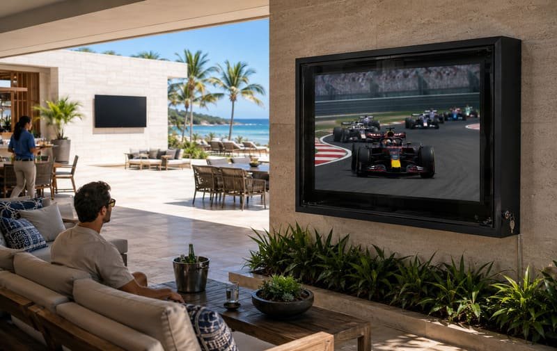 TV esterna dedicata rispetto alla TV standard all'interno di un involucro in policarbonato nero per diverse zone teatrali all'aperto del resort