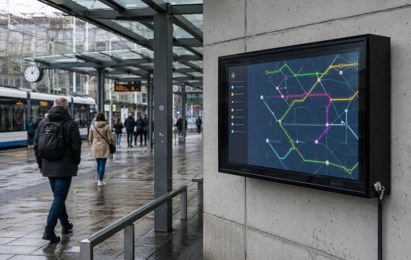 Rischi legati all'ambiente, all'accesso e al ripristino per i televisori in spazi pubblici con esposizione alla pioggia, portata del pubblico, cavi protetti e accesso al servizio