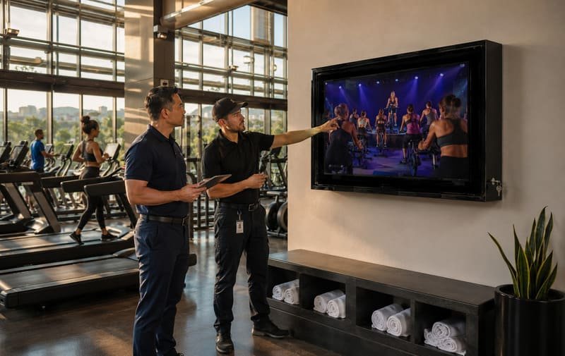 Facility manager checking gym and pool club TV enclosure placement, humidity zone, wall structure, cable route, viewing distance, cleaning routine, and service access