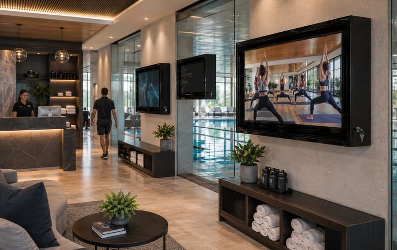 Gym and pool club enclosure-based TV system with standardized protected screens, controlled member access, future TV replacement planning, and repeatable maintenance routines