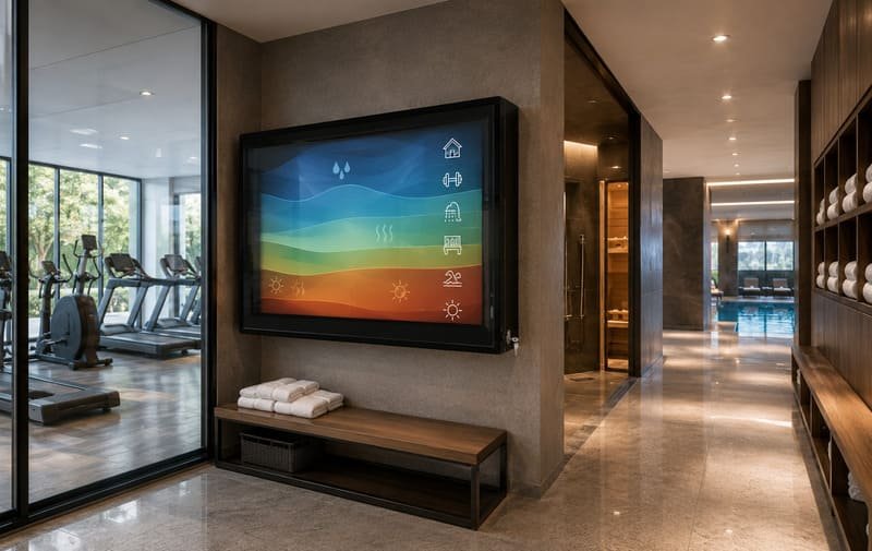 Gym and pool club humidity zones showing different TV protection needs near cardio equipment, shower corridors, sauna entrances, and pool areas