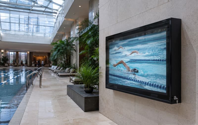 Gym and pool club TV humidity protection guide with a 65-inch black polycarbonate enclosure beside a humid indoor pool hall