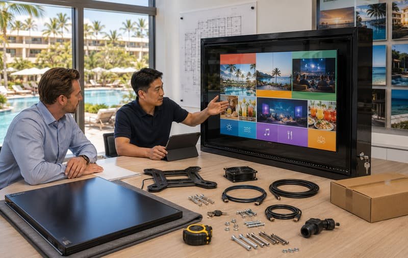 Hotel pool-bar TV enclosure system with standardized 65-inch screens, future replacement planning, VESA review, cable direction, airflow space, and maintenance access