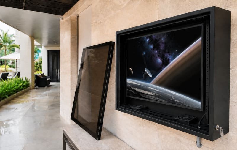 Custodia per TV IP65 per spazi pubblici con flusso d'aria assistito da ventola, protezione dalla pioggia, uscite dei cavi, guarnizione di tenuta e spazio di ventilazione