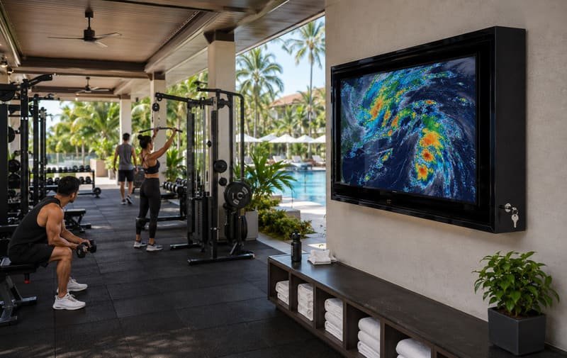 IP65 TV enclosure for gym and pool club protection with sealed front panel, protected cable exit, splash-aware mounting, and covered outdoor training area