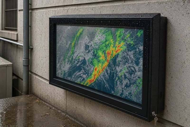 Grado di protezione IP65 per la custodia per TV da esterno resistente alle intemperie spiegato con gocce di pioggia, protezione dalla polvere, bordo della guarnizione e uscita del cavo sigillata