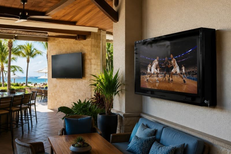 Strategia TV esterna mista che utilizza una TV esterna dedicata per lo schermo Hero in pieno sole e recinzioni per gli schermi laterali del patio ombreggiato