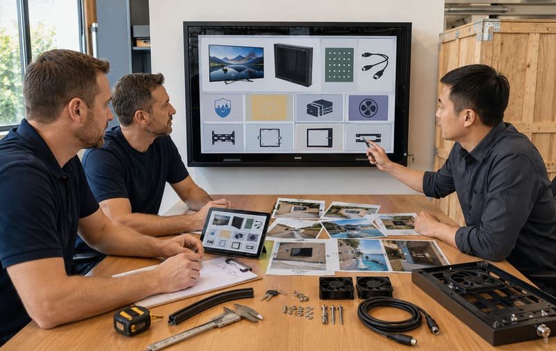 Elenco di controllo per l'approvazione del preordine della custodia per TV da esterno con modello TV, dimensioni, VESA, direzione del cavo, classificazione IP, flusso d'aria, hardware e accesso al servizio