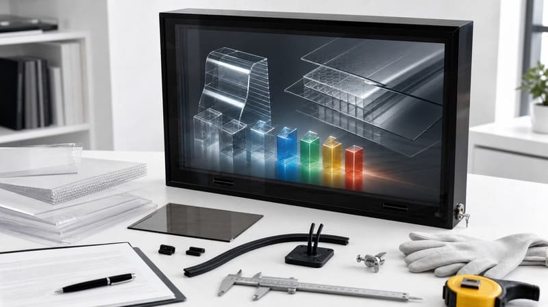 Polycarbonate outdoor TV enclosure material guide showing clear front panel, black PC body, material samples