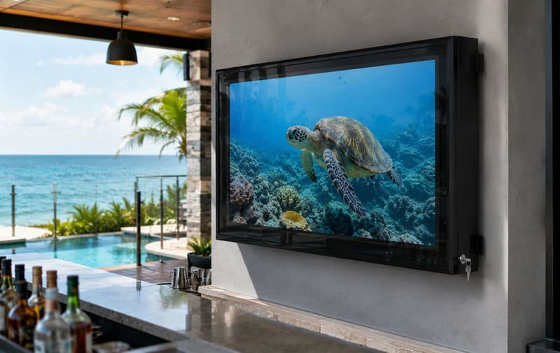 Polycarbonate poolside TV enclosure with corrosion-aware locks, hinges, cable hardware, and clear front panel at a coastal hotel pool bar