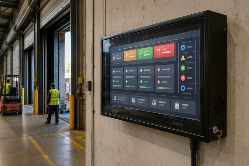 Stack di protezione per custodia di segnaletica digitale commerciale per esterni che mostra protezione anteriore trasparente, accesso bloccabile, flusso d'aria, cavi e area del dispositivo multimediale