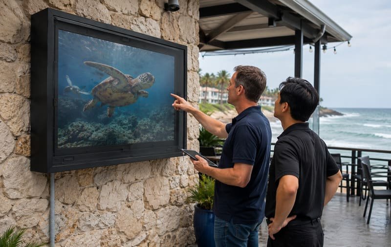 Elenco di controllo per l'installazione di custodie TV in spazi pubblici che mostra la direzione dell'acqua, l'esposizione al sole, la portata del pubblico, il percorso di impatto, le uscite dei cavi e lo spazio di servizio