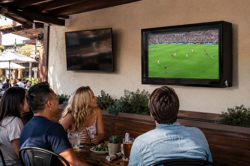 TV normale in un involucro impermeabile in policarbonato nero rispetto a una TV esterna dedicata su un patio commerciale ombreggiato