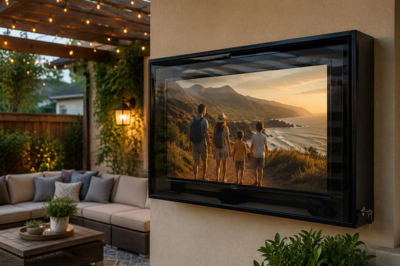 TV normale all'interno di una custodia esterna impermeabile su un patio ombreggiato nel cortile per la visione serale e un uso moderato