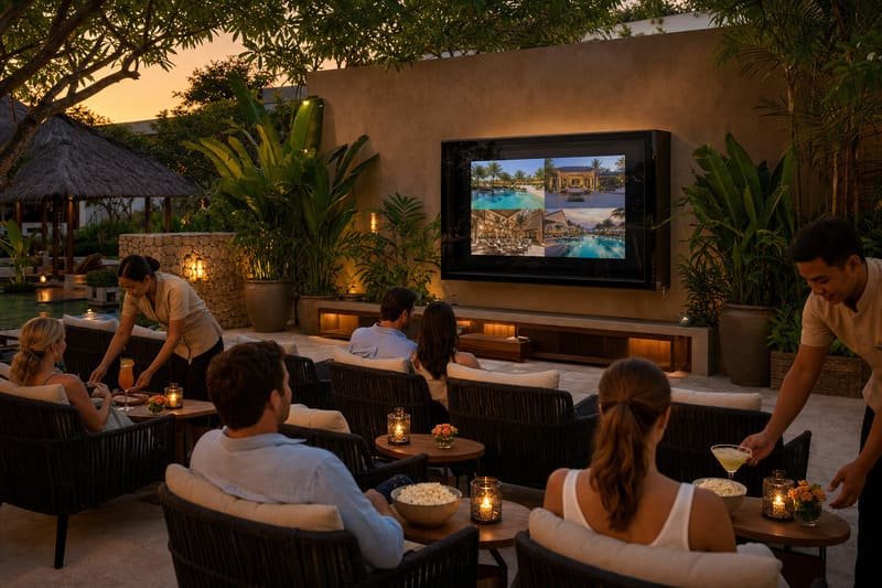 Posti a sedere per gli ospiti del cinema all'aperto del resort prima dello spettacolo con cabina TV protetta, tavoli di servizio e allestimento serale