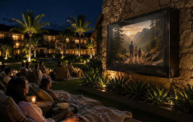Teatro all'aperto del resort con custodia TV resistente alle intemperie in policarbonato nero che protegge lo schermo dello spettacolo durante la notte