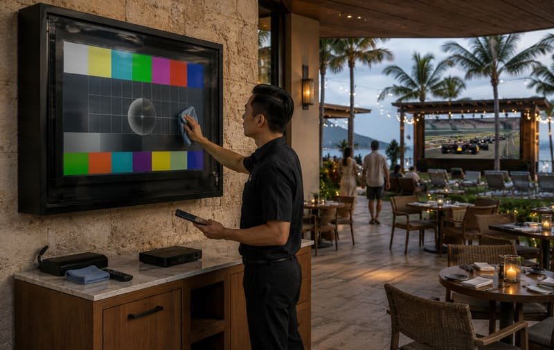Il personale del resort controlla la custodia della TV del teatro all'aperto prima dell'inizio dello spettacolo per verificare la pulizia del pannello frontale, delle prese d'aria delle ventole, del dispositivo multimediale, dei cavi, dei lucchetti e della direzione meteorologica
