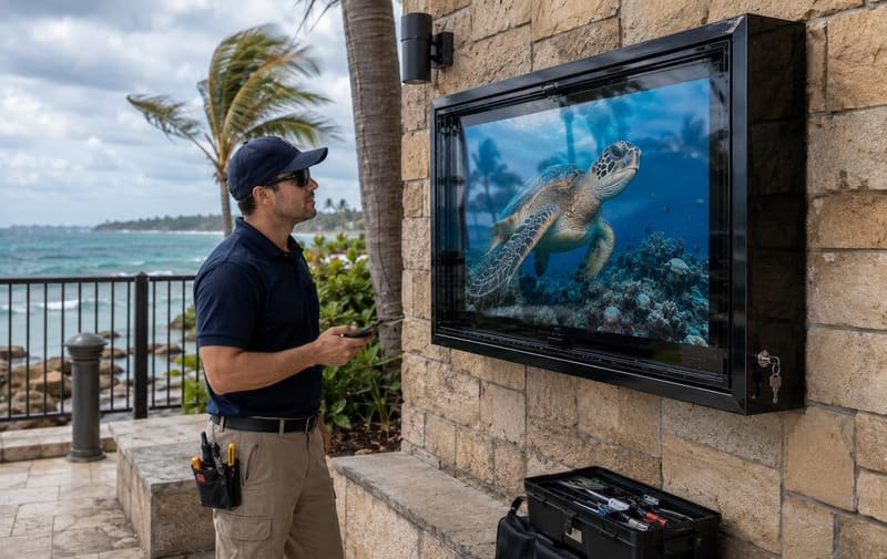 Calendario di manutenzione stagionale per la protezione della TV esterna tutto l'anno con flusso d'aria estivo, sigillatura durante la stagione delle piogge, accesso invernale, revisione della corrosione costiera e pulizia delle ventole