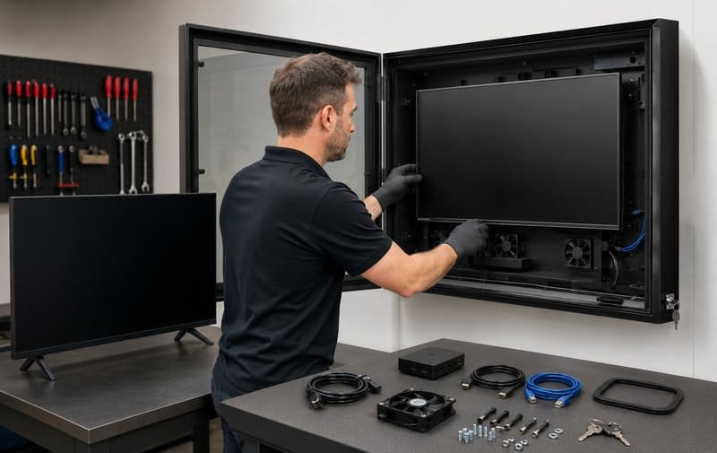 Accesso al servizio e flusso di lavoro di sostituzione per contenitore per segnaletica digitale commerciale con pannello frontale aperto, lettore multimediale, cavi, ventole e TV di riserva