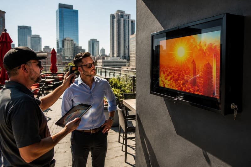 Test del sole, del calore, dell'autonomia e della visibilità per un normale televisore all'interno di una custodia per esterni prima di scegliere tra custodia e TV per esterni
