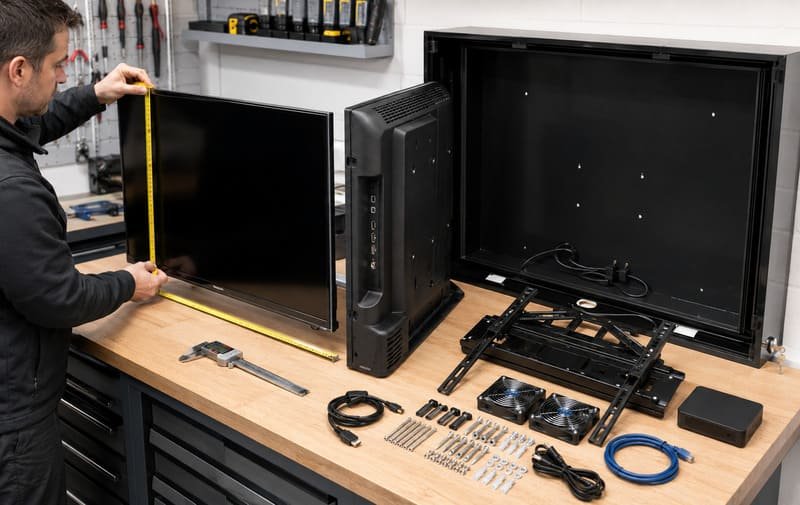 Guida alla misurazione dell'adattamento della TV per la selezione dell'involucro esterno con larghezza, altezza, profondità, VESA, porte e spazio per i cavi